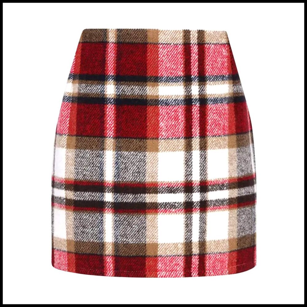 Wool Plaid Mini Skirt High Waisted Bodycon Pencil Skirt Fall Winter